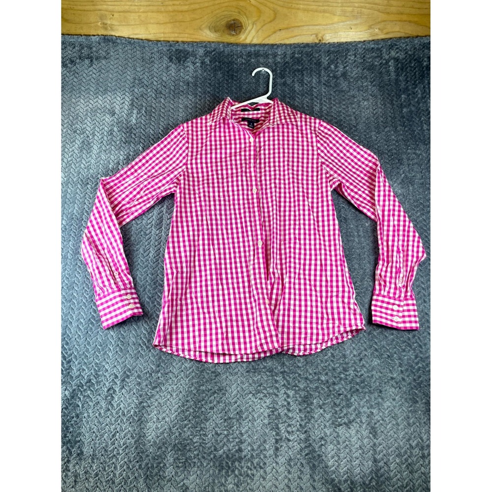 Lands' End Pink White Check No Iron Supima Cotton Button Up Shirt Womens 6